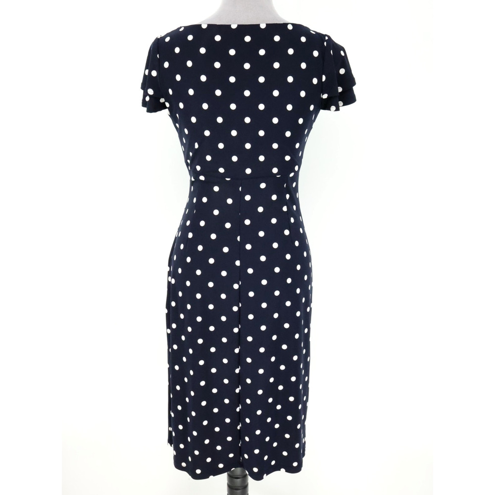 LRL Ralph Lauren Dress Womens 4 Navy Blue White Polka Dot Stretch Knit Faux Wrap - Picture 2 of 15